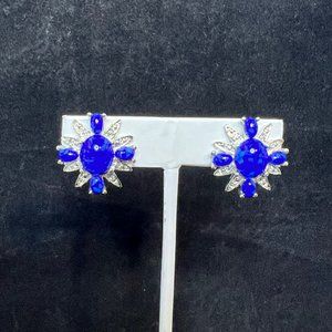 VTG Sarah Coventry Silver Tone Faux Lapis & Rhinestone Clip On Earrings (3288)
